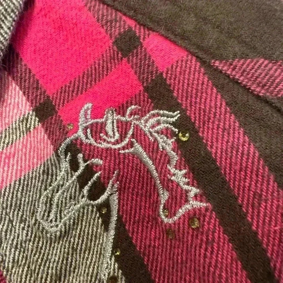 Bit & Bridle women’s snap down plaid shirt pink, brown & white size large - Picture 5 of 10